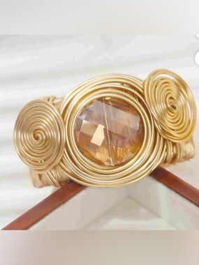 Boho Gold Wire Wrapped Cuff Bracelet w Amber Crystal - classy fun & comfortable.